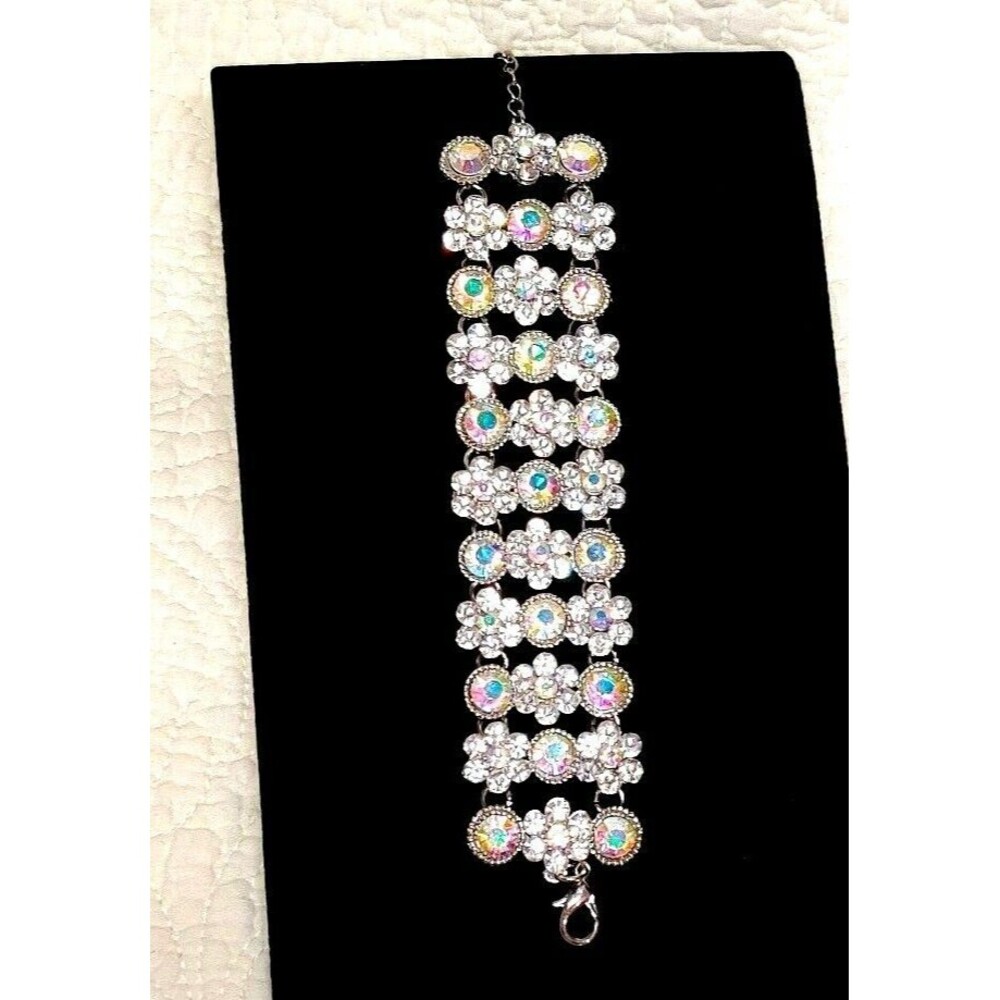Vtg Beautiful Wide Unsigned AB Aurora Borealis Sparkle Bling Bracelet
